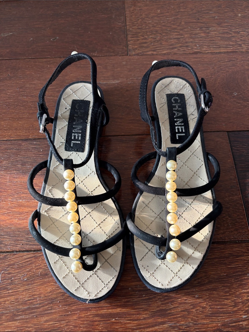 CHANEL Black Strappy Pearl-Accent Slingback Sandals 37/7 - Picture 3 of 7